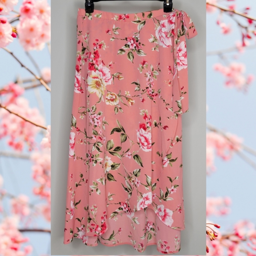 Bobeau Pink Floral Midi Skirt, Size Small